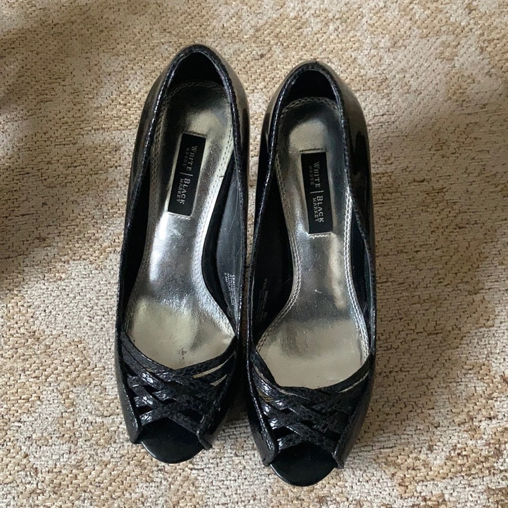 White house black market patent black leather 3 inch heels worn a few size 5 1/2